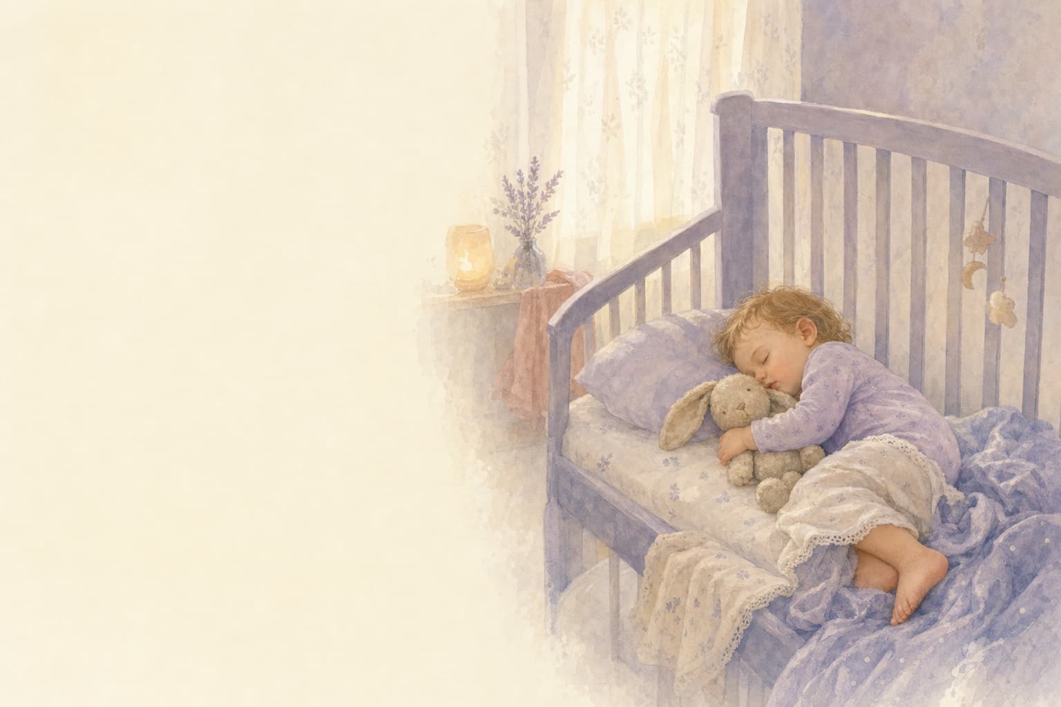 A twelve-month-old toddler asleep in a crib curled around a soft toy rabbit