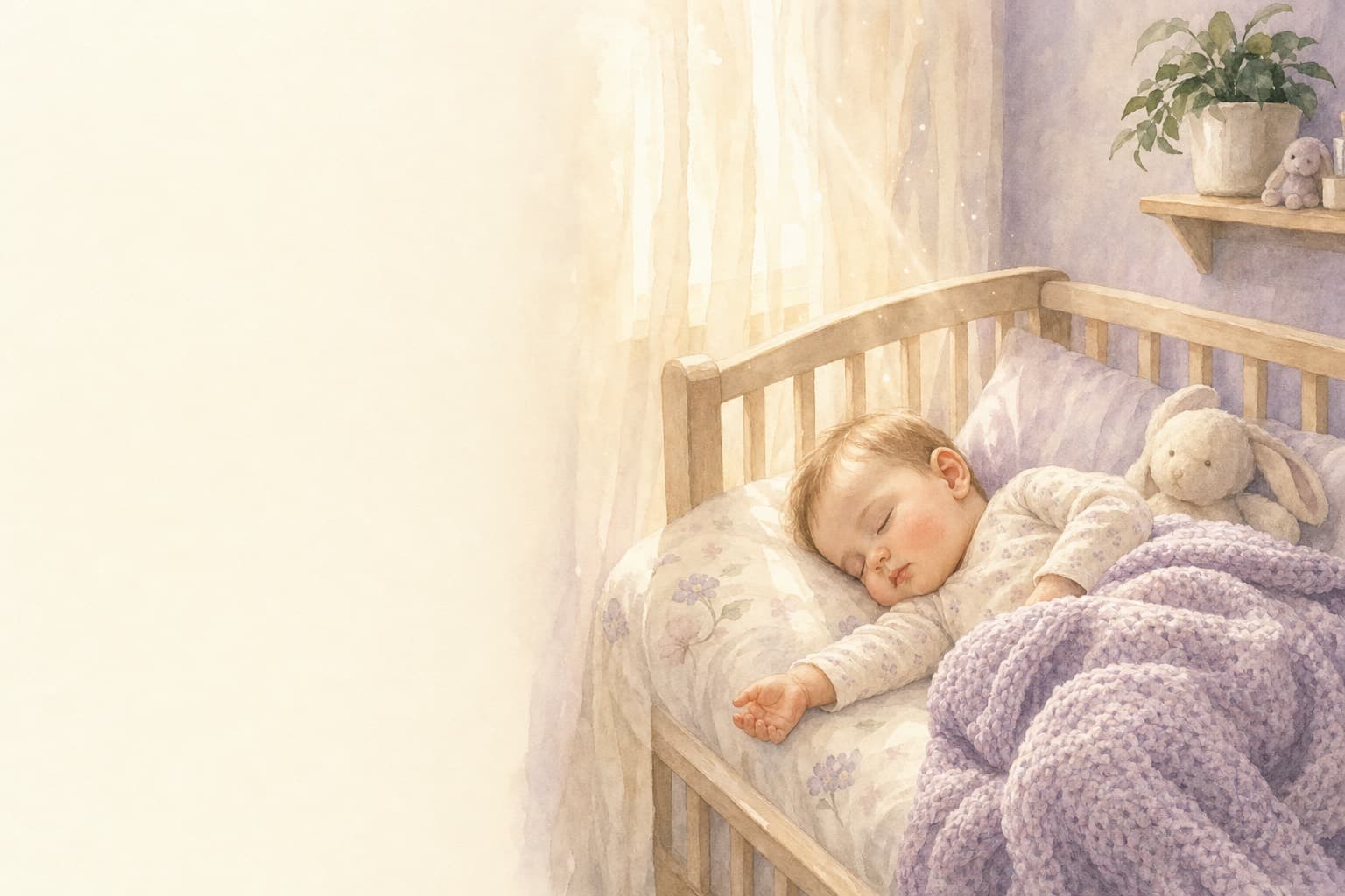 A six-month-old baby asleep on their side in a crib in soft afternoon light