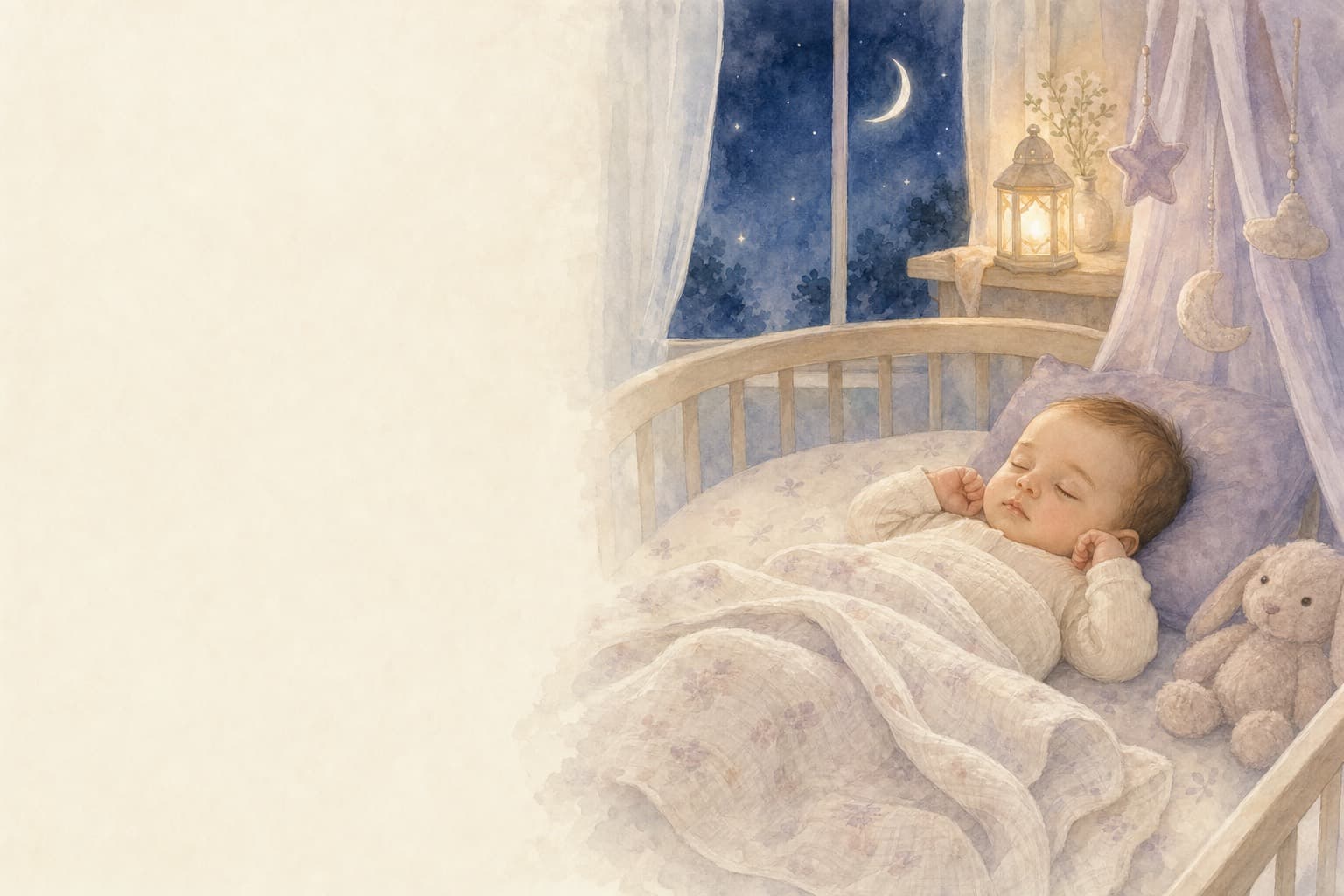 A four-month-old baby asleep in a crib beneath a window showing a crescent moon